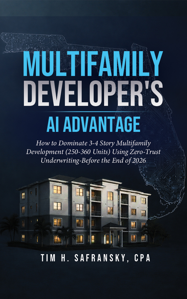 Multifamily Developer's AI Advantage book cover — APEX Two-Tier System for 3-4 Story Multifamily Development using Zero-Trust Underwriting by Tim H. Safransky, CPA — 2026 Edition